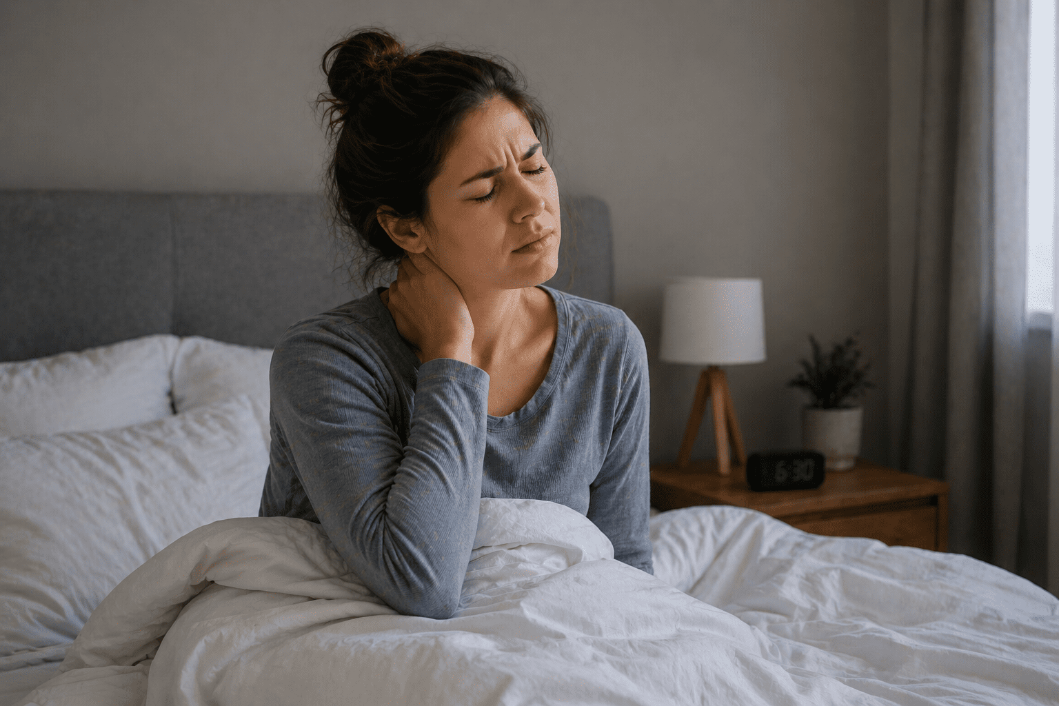 A woman waking up with neck pain, prompting the question "how to relieve neck pain from sleeping"